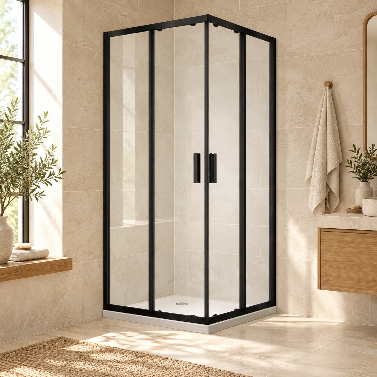 Gulietta black corner-entry shower enclosure in a bathroom